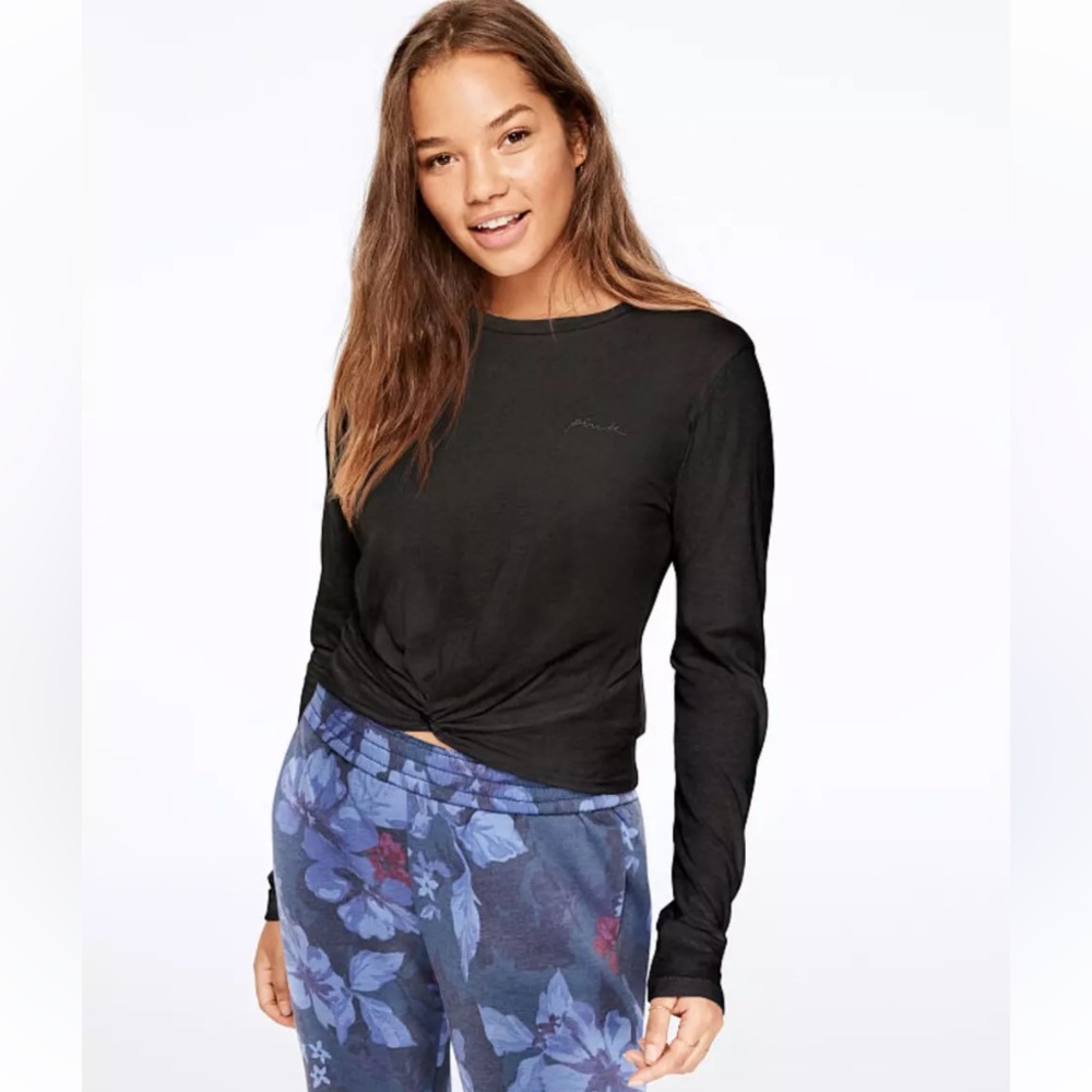 PINK VS long sleeve tshirt Women XS BLACK cotton lightweight knot front tie